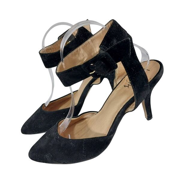 LUI CHUNG! LUXE BLACK VELVETEEN EIDE ANKLE STRAP, POINTY TOE HEELS! SZ 9M - Picture 1 of 11